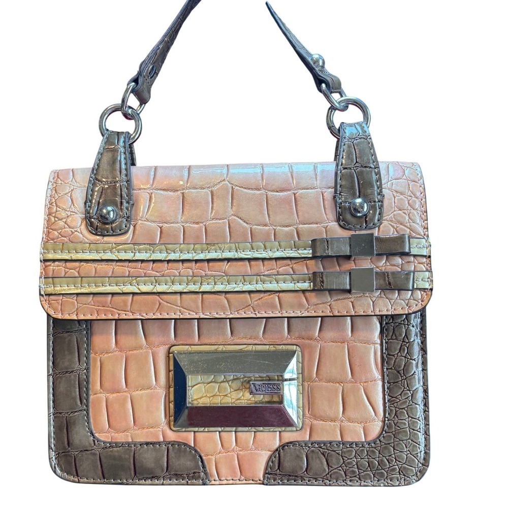 Vintage Y2K Guess Handbag Medium Peach Bronze Good Croc Embossed Satchel Bows